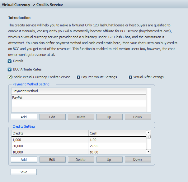 Credits Service Settings in Admin Panel of 123 Flash Chat, Chat Software