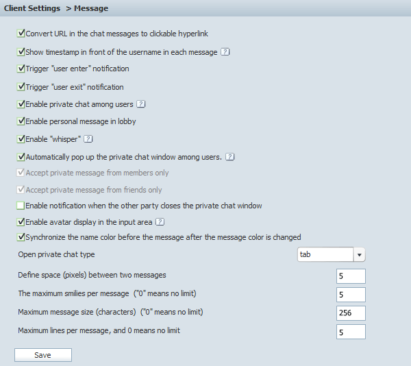 Message Settings in Admin Panel of 123FlashChat, Flash Software, PHP Chat, Chat Script