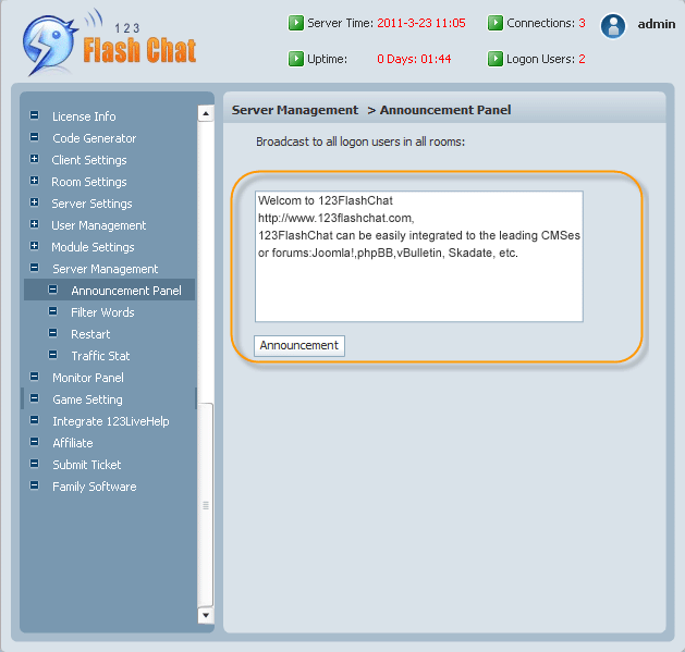 Announcement Panel in Admin Panel of 123FlashChat, Flash Software, PHP Chat, Chat Script
