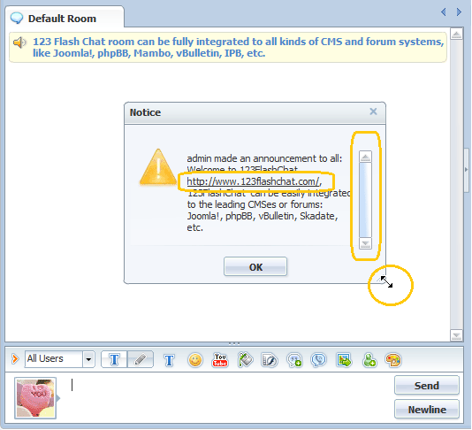 Resizable Announcement of 123FlashChat, Flash Software, PHP Chat, Chat Script