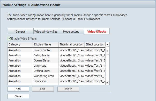 Video Effects Setting in Admin Panel of 123FlashChat, Flash Software, PHP Chat, Chat Script
