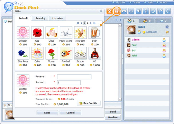Gift Panel in Chat Lobby 123 Flash Chat, Chat Software